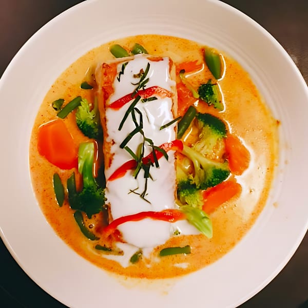 Thai red curry salmon with broccoli, carrots, and green beans, garnished with herbs and chili.