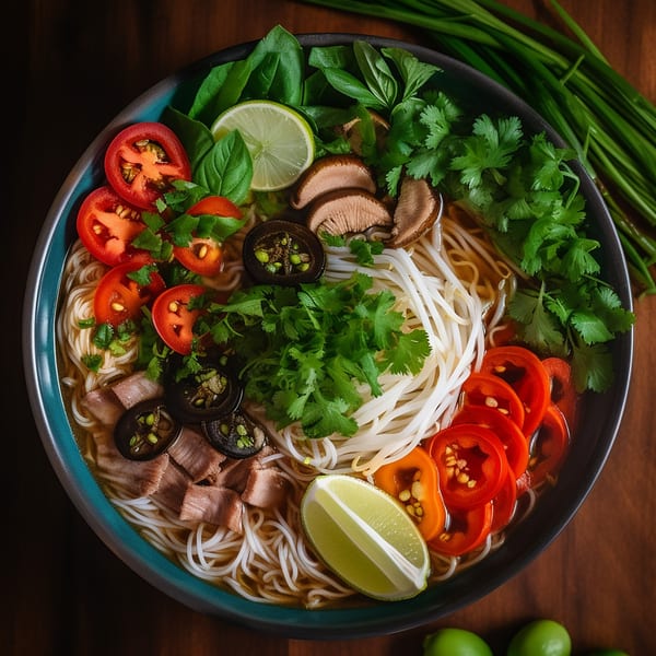 Overhead view of a vibrant bowl of Thai pho with noodles, meat, vegetables, and lime.